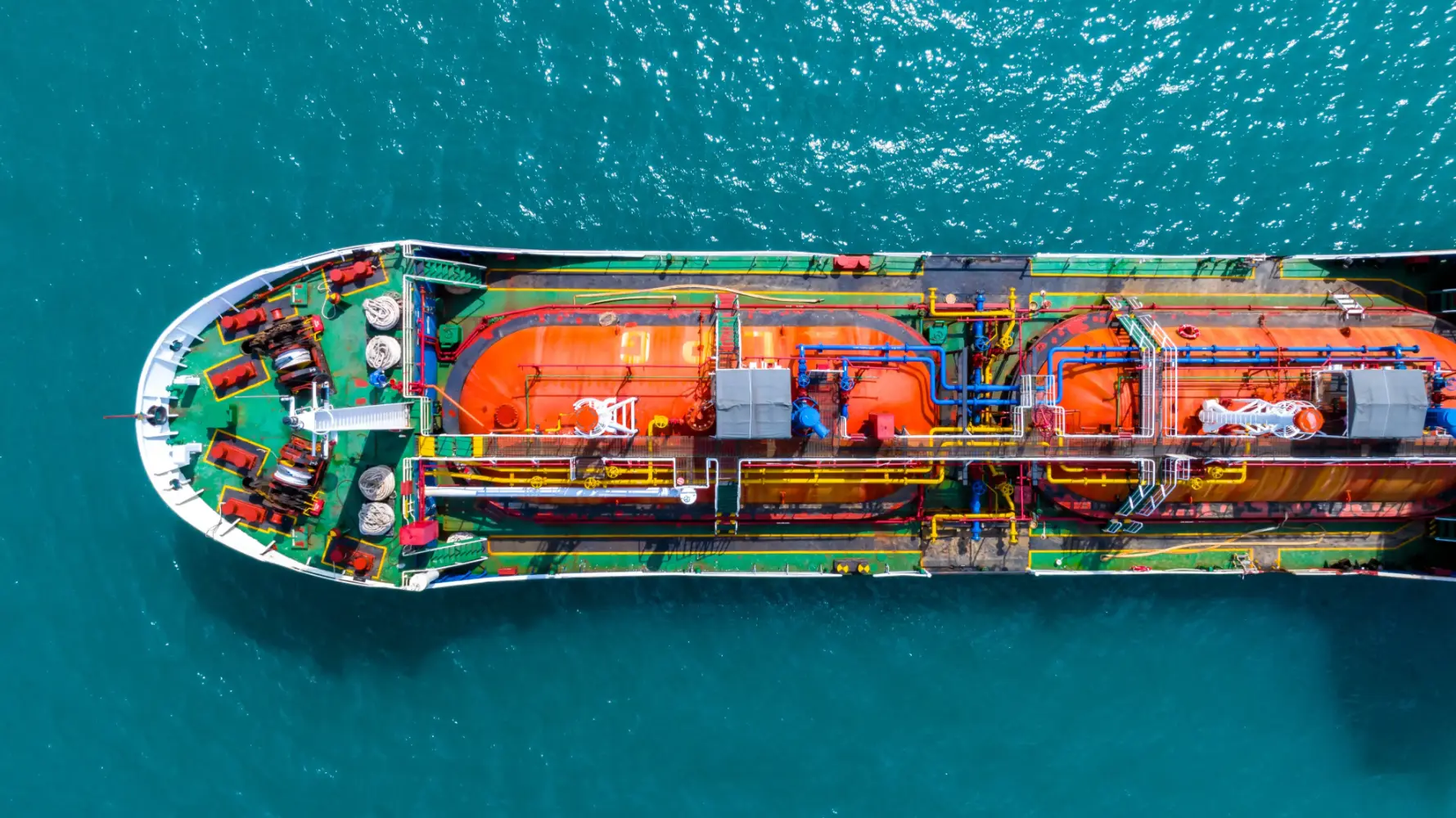 Aerial top-down view of a LPG tanker ship navigating at sea