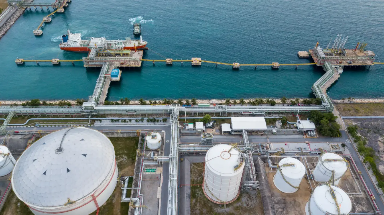 Aerial view of an oil and gas refinery plant in an industrial zone