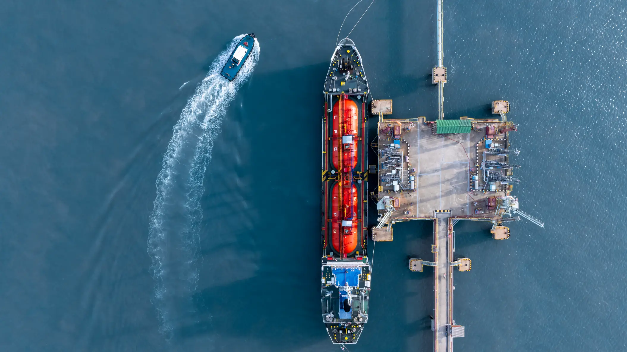 Aeriel view of an LPG gas tanker docked at terminal